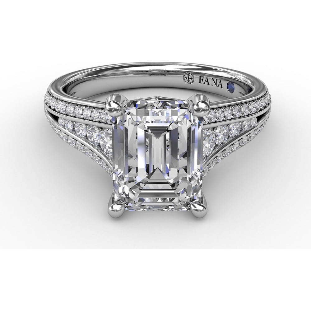 Contemporary Emerald Cut Diamond Solitaire Engagement Ring Setting with Triple-Row Diamond Band by Fana - 0.58 Carat Total Diamond Weight