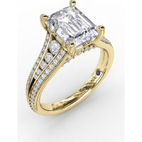 Contemporary Emerald Cut Diamond Solitaire Engagement Ring Setting with Triple-Row Diamond Band by Fana - 0.58 Carat Total Diamond Weight