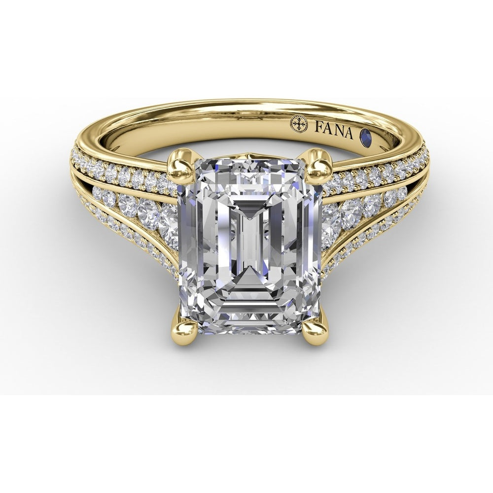 Contemporary Emerald Cut Diamond Solitaire Engagement Ring Setting with Triple-Row Diamond Band by Fana - 0.58 Carat Total Diamond Weight