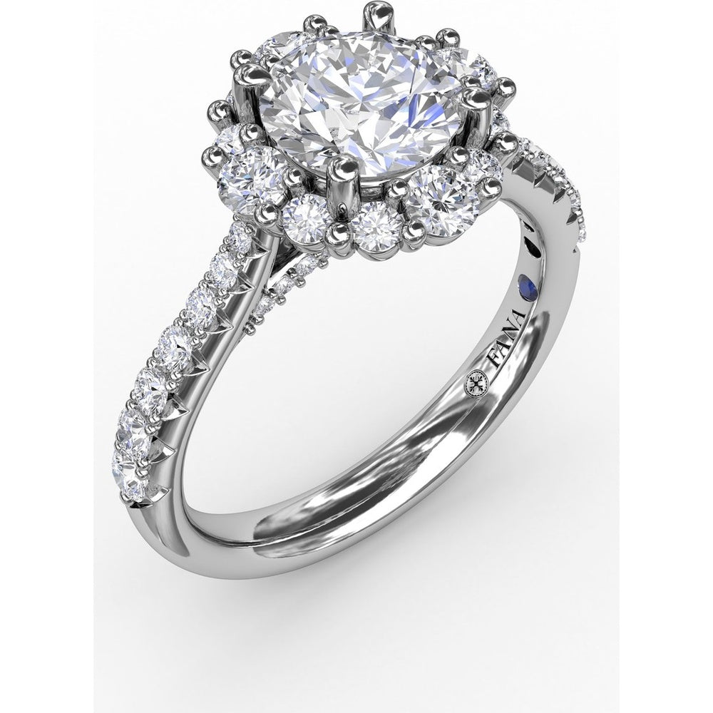 Contemporary Engagement Ring Setting with Prong-Set Round Diamond Halo and Pavé Gallery by Fana - 0.75 Carat Total Diamond Weight
