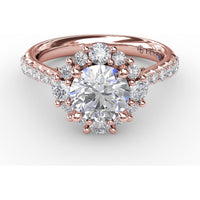 Contemporary Engagement Ring Setting with Prong-Set Round Diamond Halo and Pavé Gallery by Fana - 0.75 Carat Total Diamond Weight