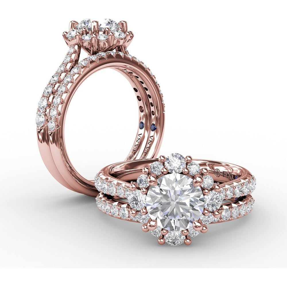 Contemporary Engagement Ring Setting with Prong-Set Round Diamond Halo and Pavé Gallery by Fana - 0.75 Carat Total Diamond Weight
