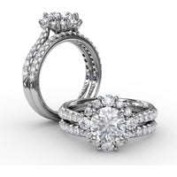 Contemporary Engagement Ring Setting with Prong-Set Round Diamond Halo and Pavé Gallery by Fana - 0.75 Carat Total Diamond Weight