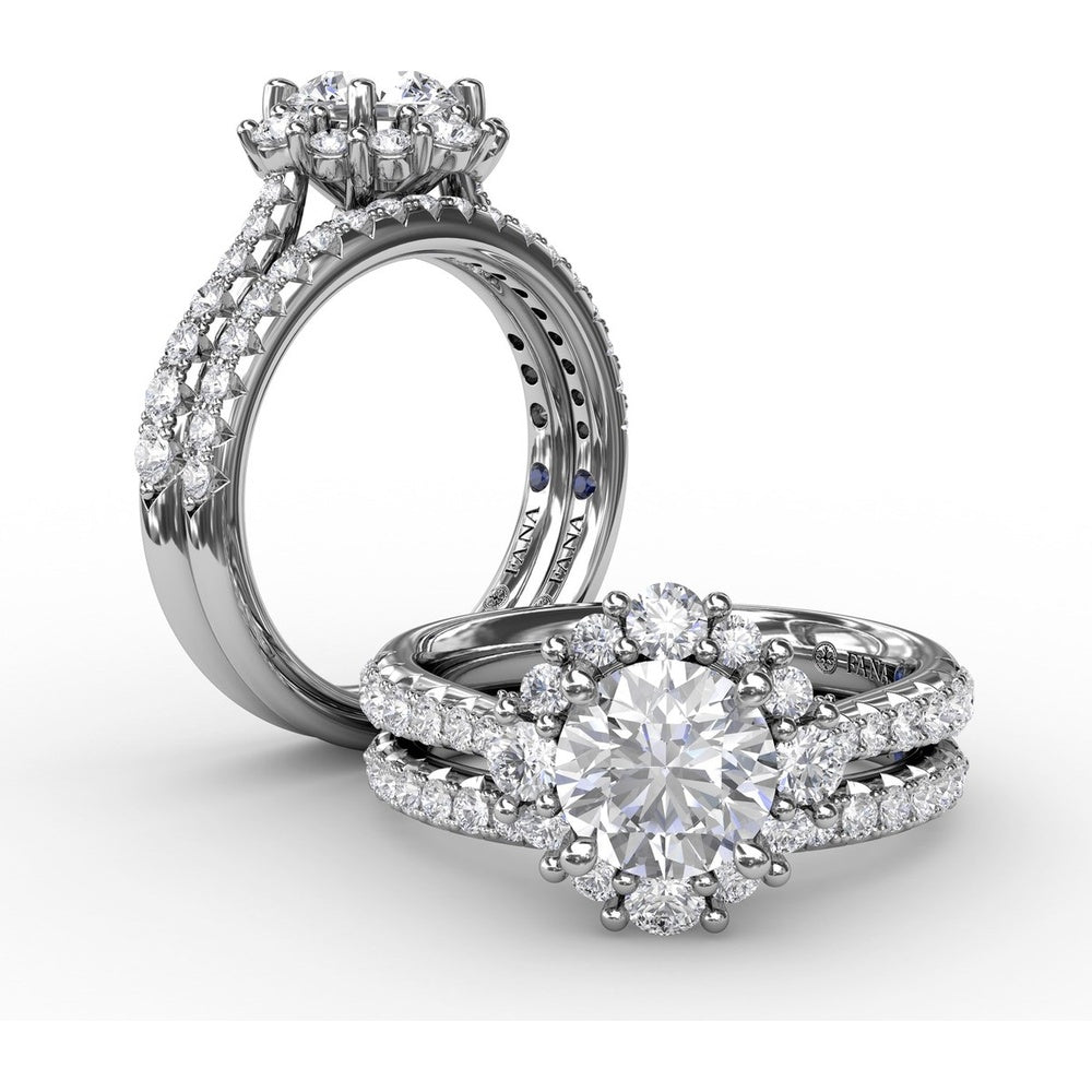 Contemporary Engagement Ring Setting with Prong-Set Round Diamond Halo and Pavé Gallery by Fana - 0.75 Carat Total Diamond Weight