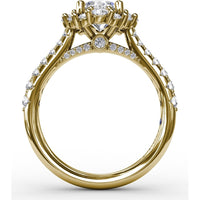 Contemporary Engagement Ring Setting with Prong-Set Round Diamond Halo and Pavé Gallery by Fana - 0.75 Carat Total Diamond Weight