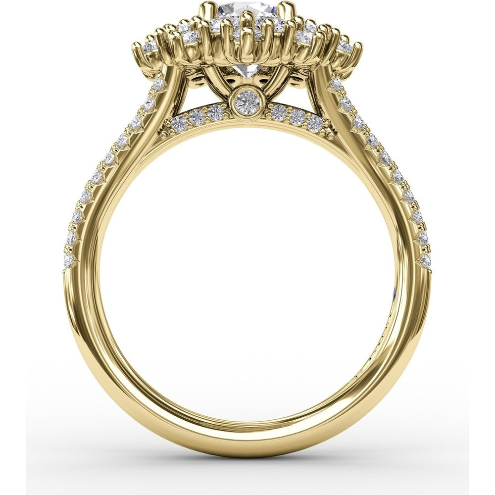 Contemporary Floral Halo Engagement Ring with Double-Row Pavé Split Shank by Fana - 0.95 Carat Total Diamond Weight