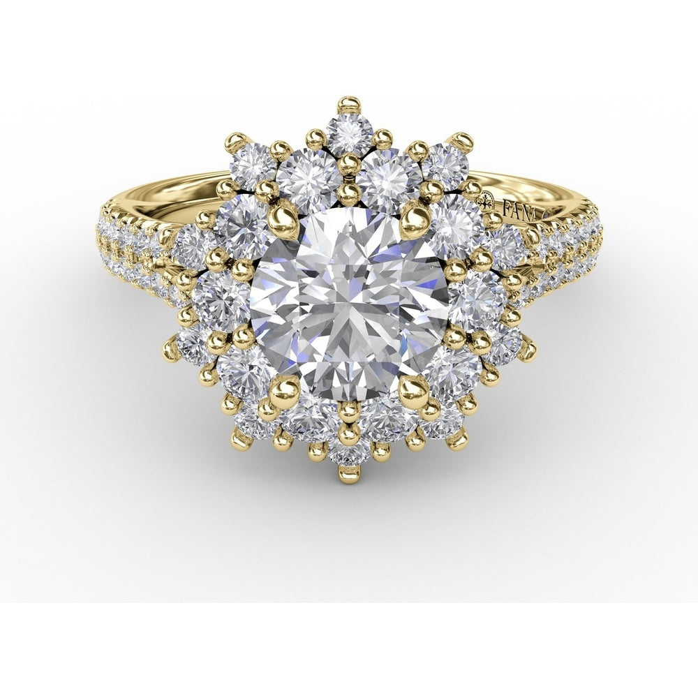 Contemporary Floral Halo Engagement Ring with Double-Row Pavé Split Shank by Fana - 0.95 Carat Total Diamond Weight