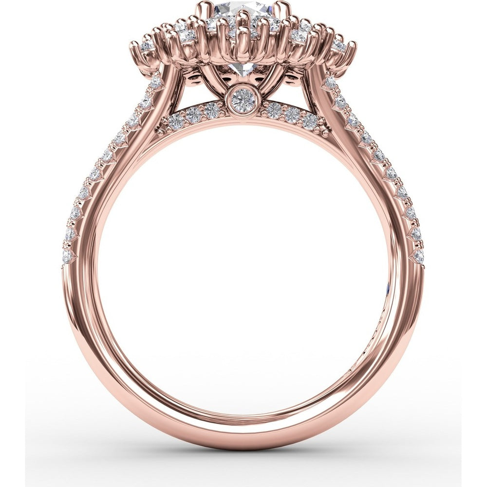 Contemporary Floral Halo Engagement Ring with Double-Row Pavé Split Shank by Fana - 0.95 Carat Total Diamond Weight