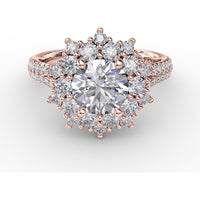Contemporary Floral Halo Engagement Ring with Double-Row Pavé Split Shank by Fana - 0.95 Carat Total Diamond Weight