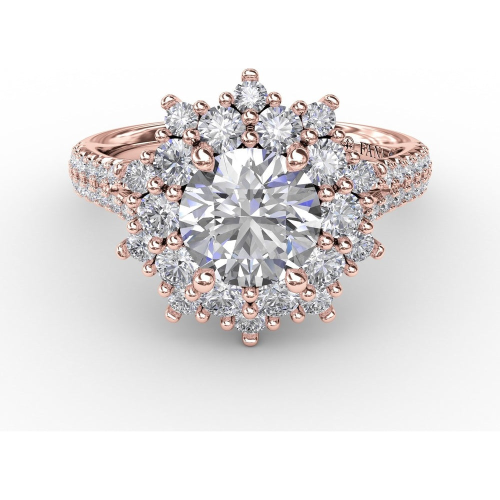 Contemporary Floral Halo Engagement Ring with Double-Row Pavé Split Shank by Fana - 0.95 Carat Total Diamond Weight