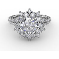 Contemporary Floral Halo Engagement Ring with Double-Row Pavé Split Shank by Fana - 0.95 Carat Total Diamond Weight