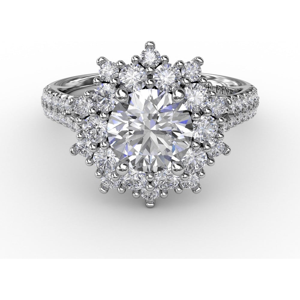 Contemporary Floral Halo Engagement Ring with Double-Row Pavé Split Shank by Fana - 0.95 Carat Total Diamond Weight