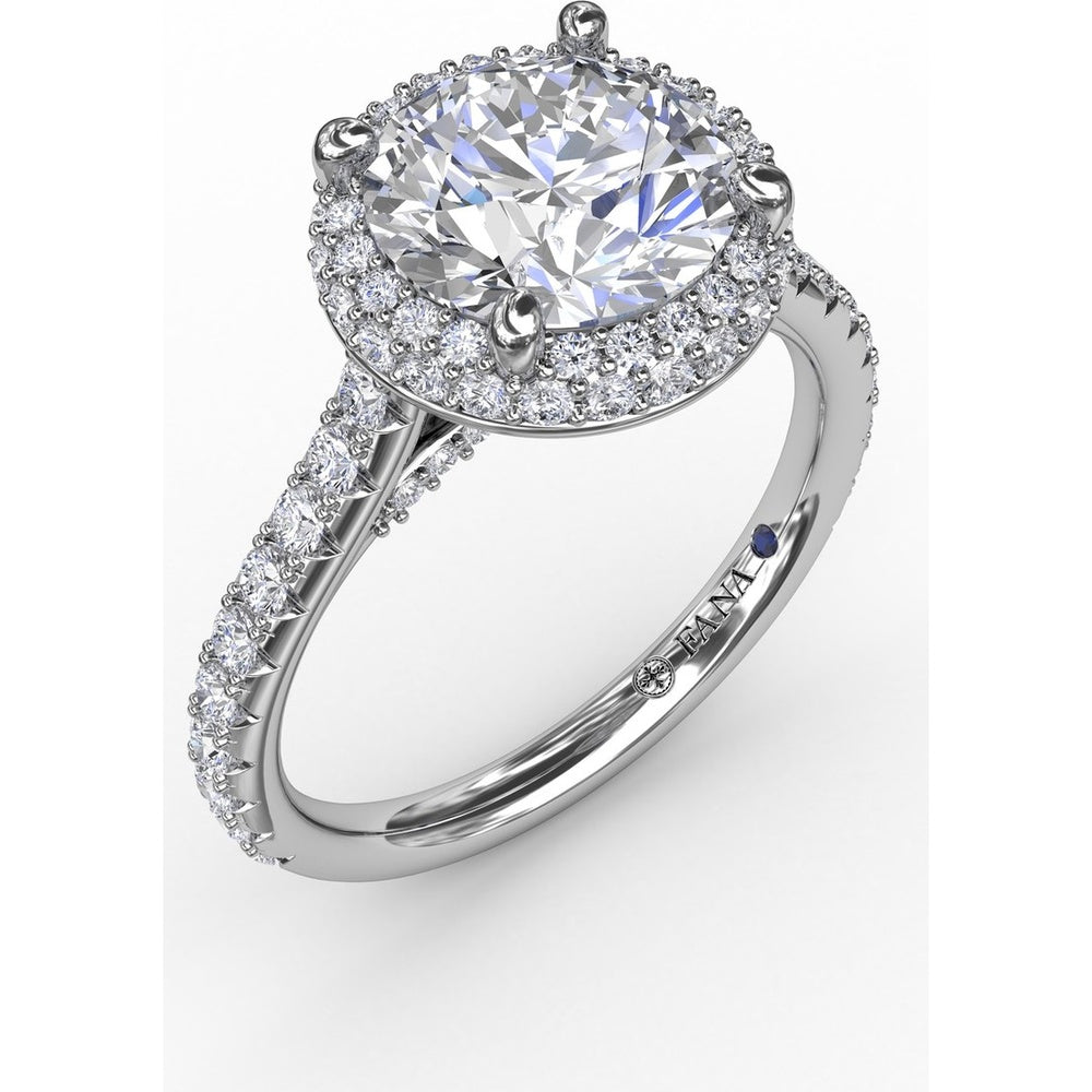 Contemporary Round Diamond Double Halo Engagement Ring Setting with Pavé Split Shank, 0.71 Carat Total Diamond Weight by Fana