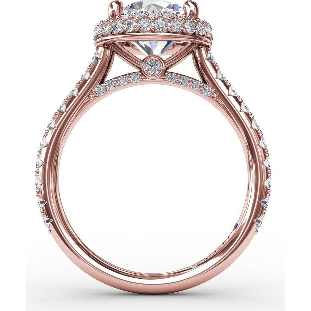 Contemporary Round Diamond Double Halo Engagement Ring Setting with Pavé Split Shank, 0.71 Carat Total Diamond Weight by Fana