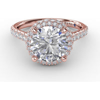 Contemporary Round Diamond Double Halo Engagement Ring Setting with Pavé Split Shank, 0.71 Carat Total Diamond Weight by Fana