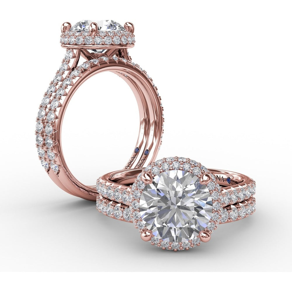 Contemporary Round Diamond Double Halo Engagement Ring Setting with Pavé Split Shank, 0.71 Carat Total Diamond Weight by Fana