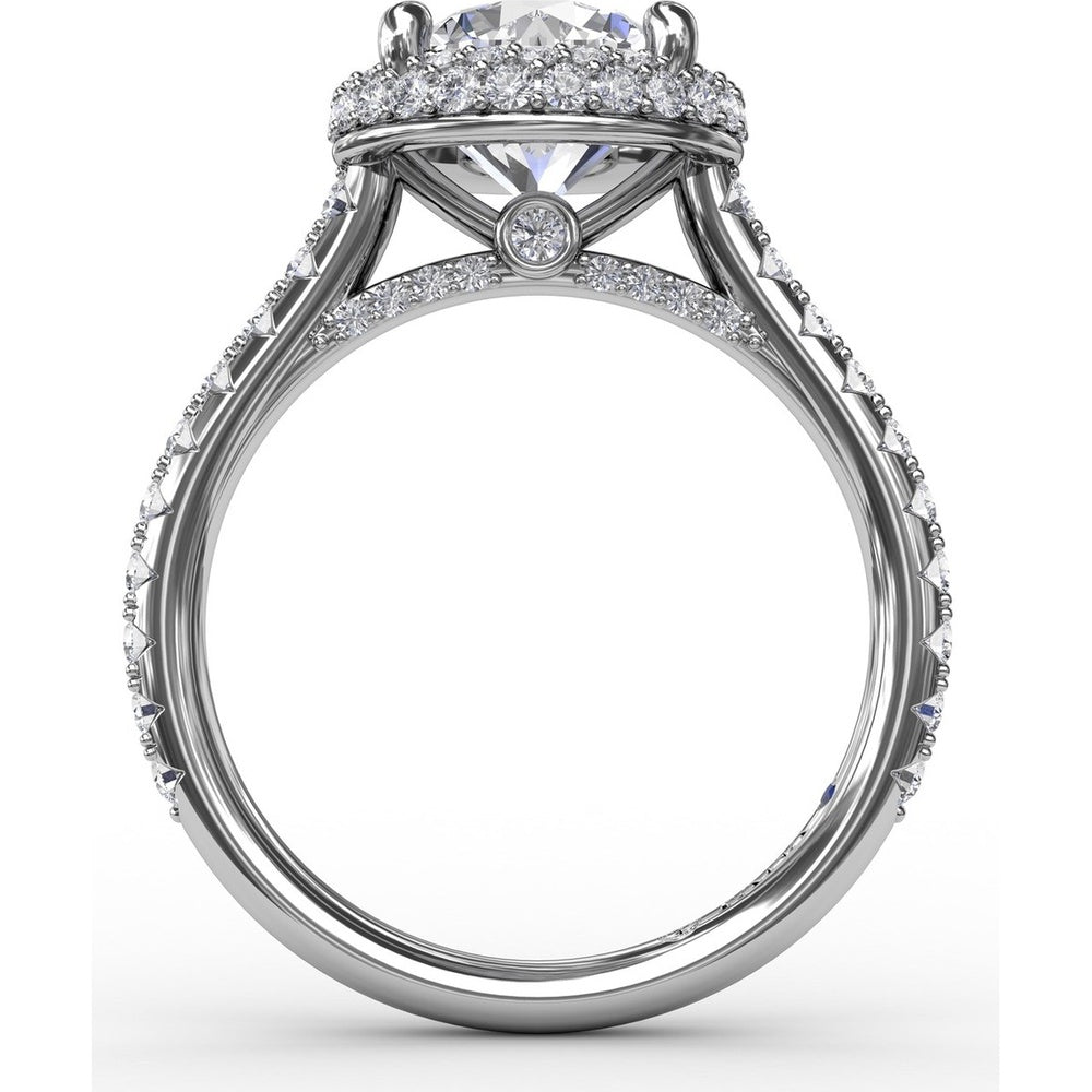 Contemporary Round Diamond Double Halo Engagement Ring Setting with Pavé Split Shank, 0.71 Carat Total Diamond Weight by Fana