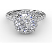 Contemporary Round Diamond Double Halo Engagement Ring Setting with Pavé Split Shank, 0.71 Carat Total Diamond Weight by Fana