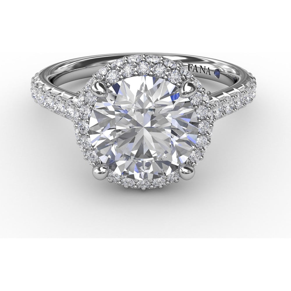 Contemporary Round Diamond Double Halo Engagement Ring Setting with Pavé Split Shank, 0.71 Carat Total Diamond Weight by Fana