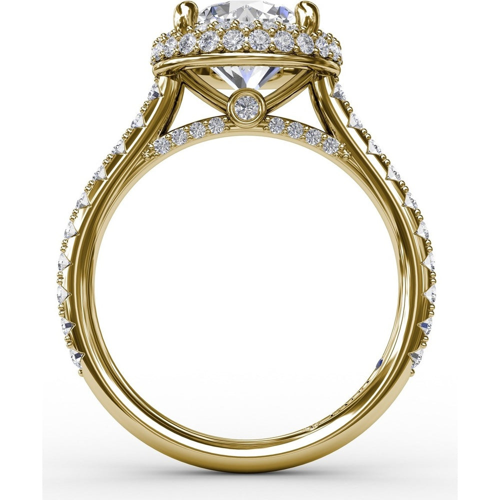 Contemporary Round Diamond Double Halo Engagement Ring Setting with Pavé Split Shank, 0.71 Carat Total Diamond Weight by Fana