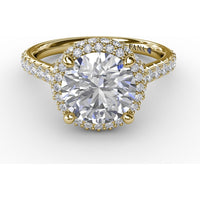 Contemporary Round Diamond Double Halo Engagement Ring Setting with Pavé Split Shank, 0.71 Carat Total Diamond Weight by Fana