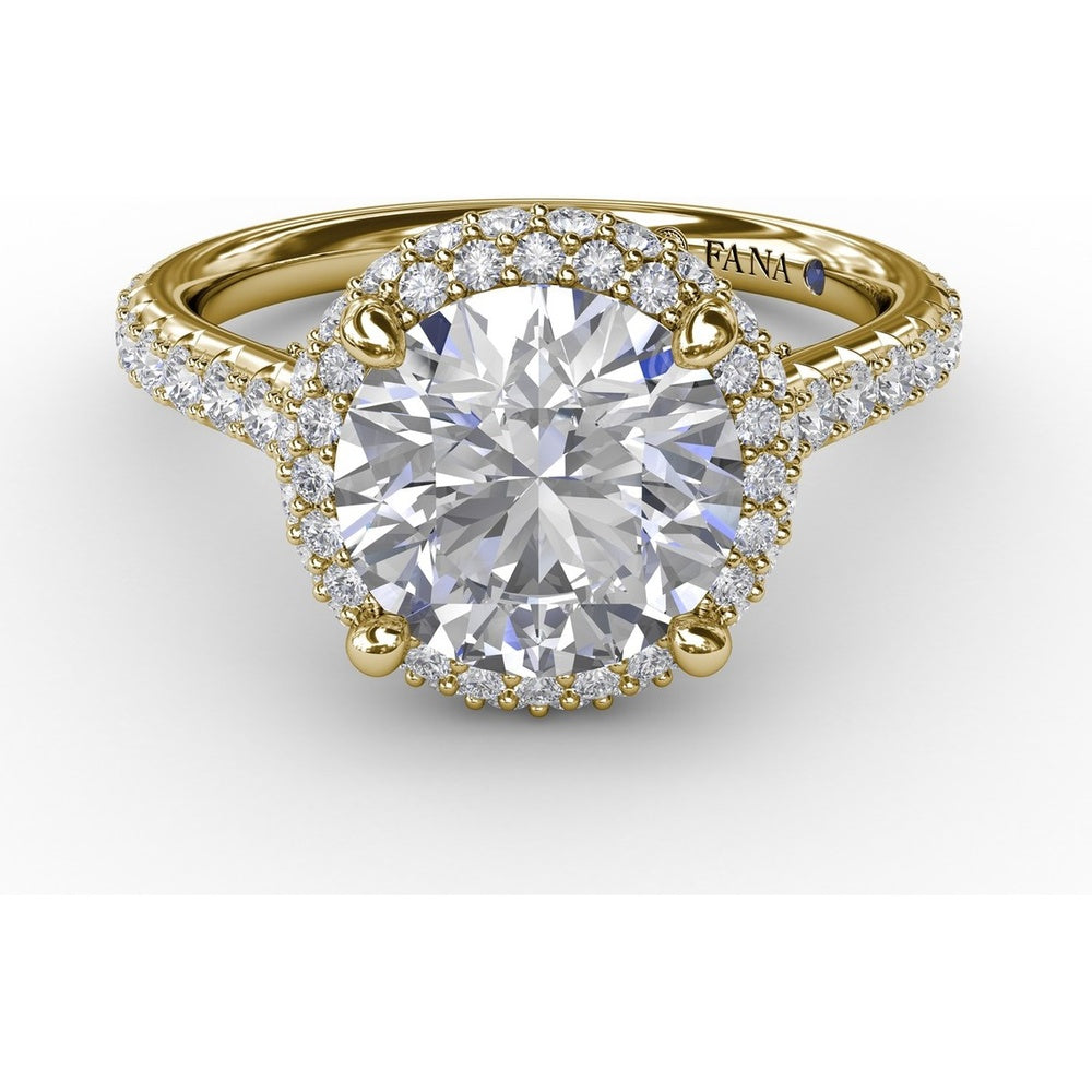 Contemporary Round Diamond Double Halo Engagement Ring Setting with Pavé Split Shank, 0.71 Carat Total Diamond Weight by Fana