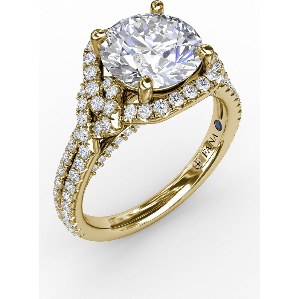 Contemporary Round Diamond Halo Engagement Ring Setting with Double-Row Split Shank by Fana