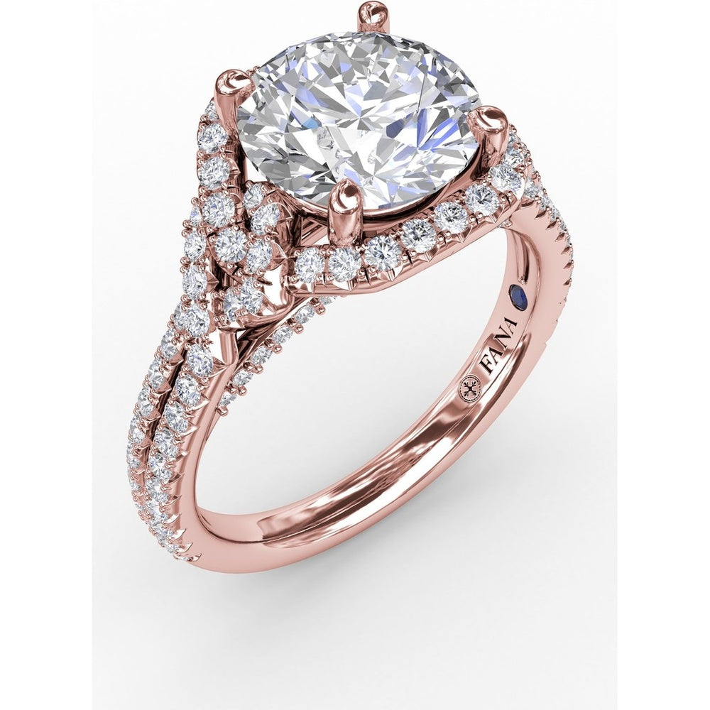 Contemporary Round Diamond Halo Engagement Ring Setting with Double-Row Split Shank by Fana