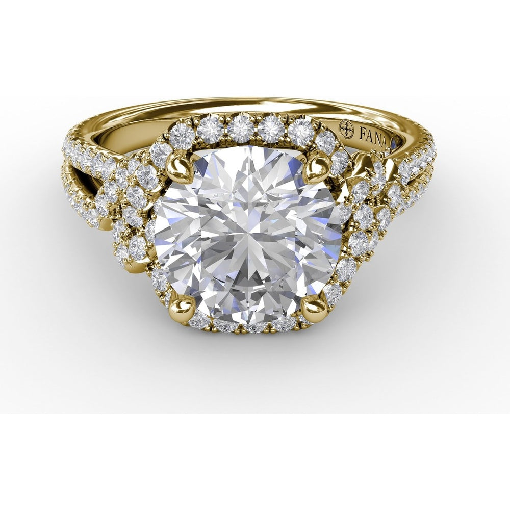 Contemporary Round Diamond Halo Engagement Ring Setting with Double-Row Split Shank by Fana