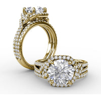 Contemporary Round Diamond Halo Engagement Ring Setting with Double-Row Split Shank by Fana