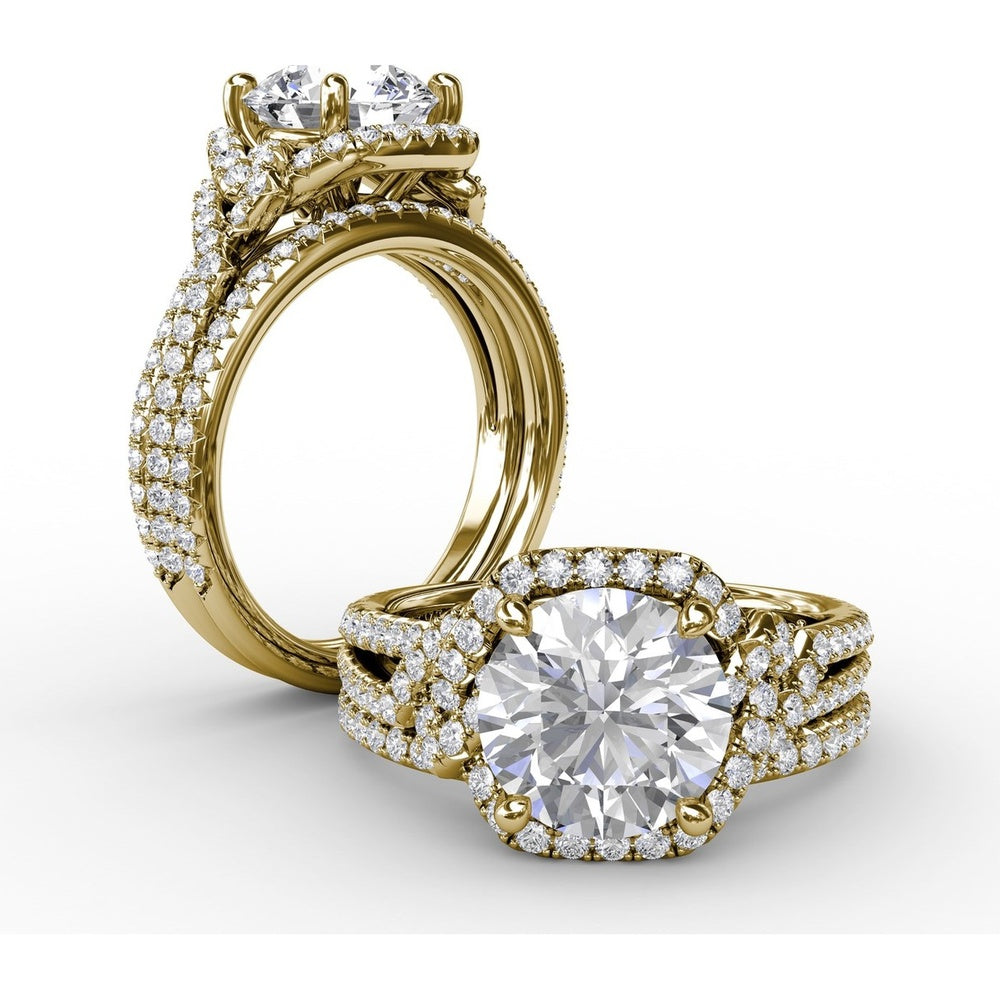 Contemporary Round Diamond Halo Engagement Ring Setting with Double-Row Split Shank by Fana