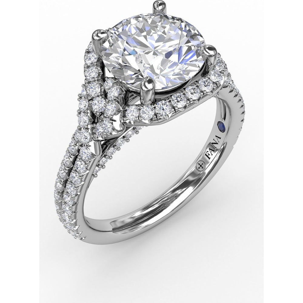 Contemporary Round Diamond Halo Engagement Ring Setting with Double-Row Split Shank by Fana