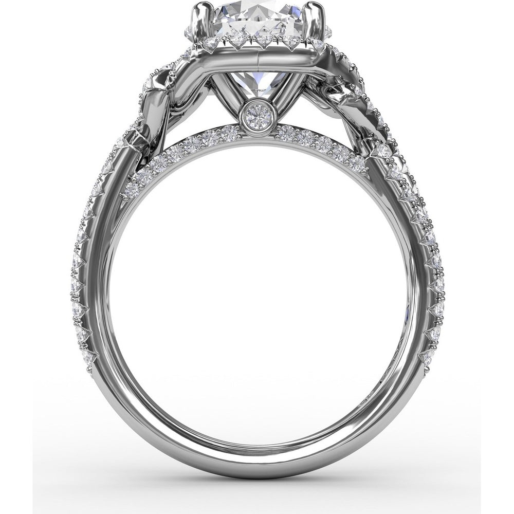 Contemporary Round Diamond Halo Engagement Ring Setting with Double-Row Split Shank by Fana