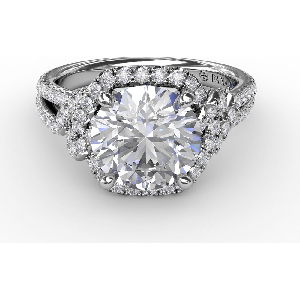 Contemporary Round Diamond Halo Engagement Ring Setting with Double-Row Split Shank by Fana