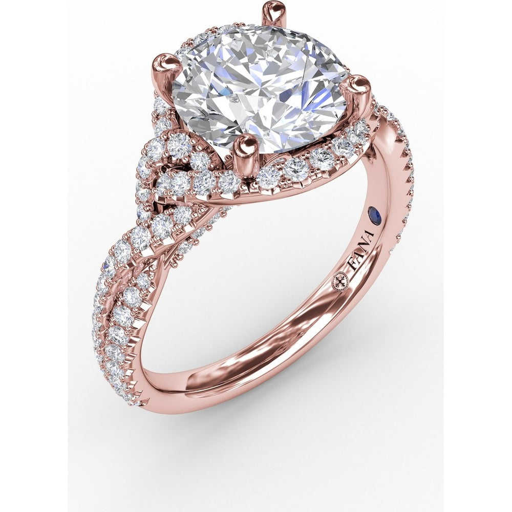 Contemporary Round Diamond Halo Engagement Ring Setting with Twisted Pavé Shank by Fana - 0.70 Carat Total Diamond Weight
