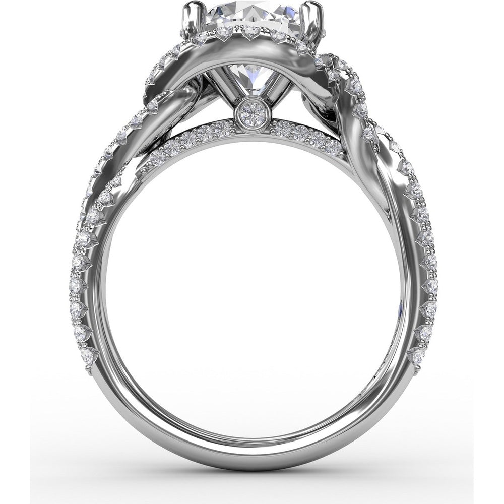 Contemporary Round Diamond Halo Engagement Ring Setting with Twisted Pavé Shank by Fana - 0.70 Carat Total Diamond Weight