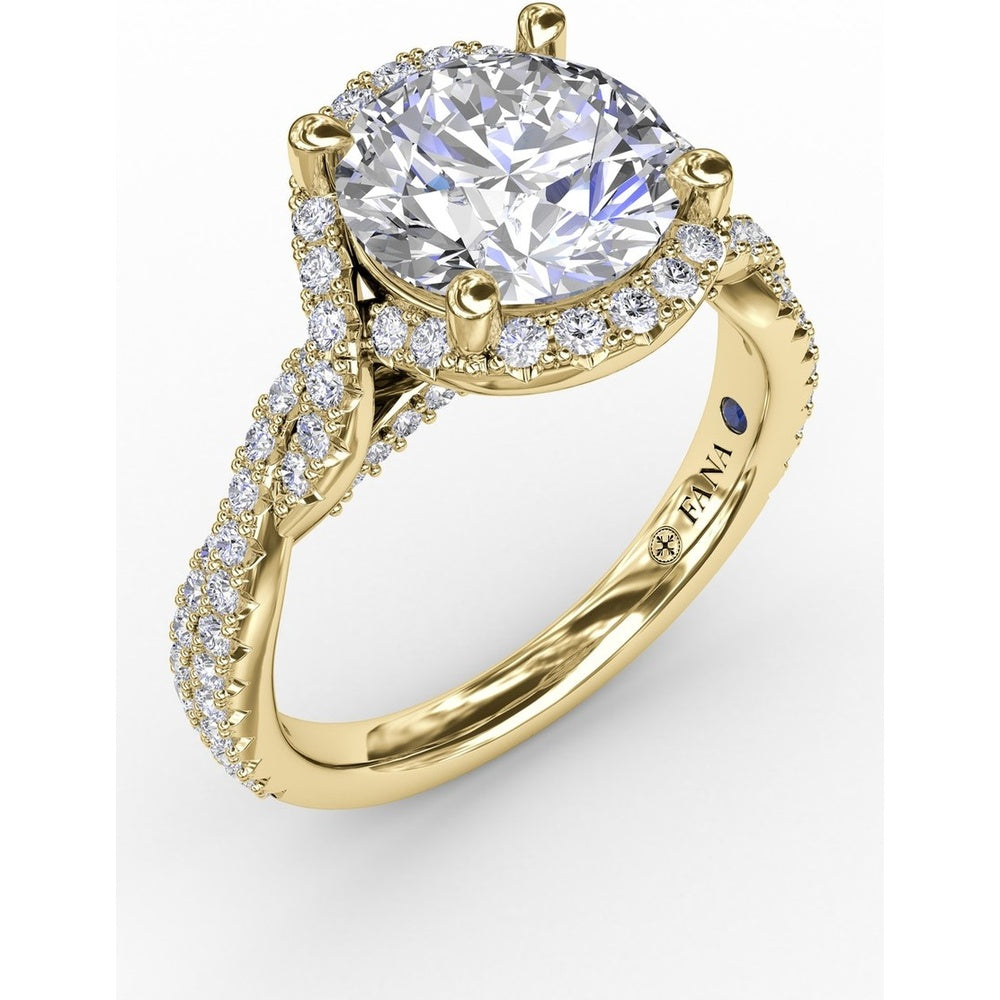 Contemporary Round Diamond Halo Engagement Ring Setting with Twisted Vine Shank and 0.65 Carat Pavé Diamond Total Weight by Fana