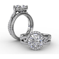 Contemporary Round Diamond Halo Engagement Ring Setting with Twisted Vine Shank and 0.65 Carat Pavé Diamond Total Weight by Fana