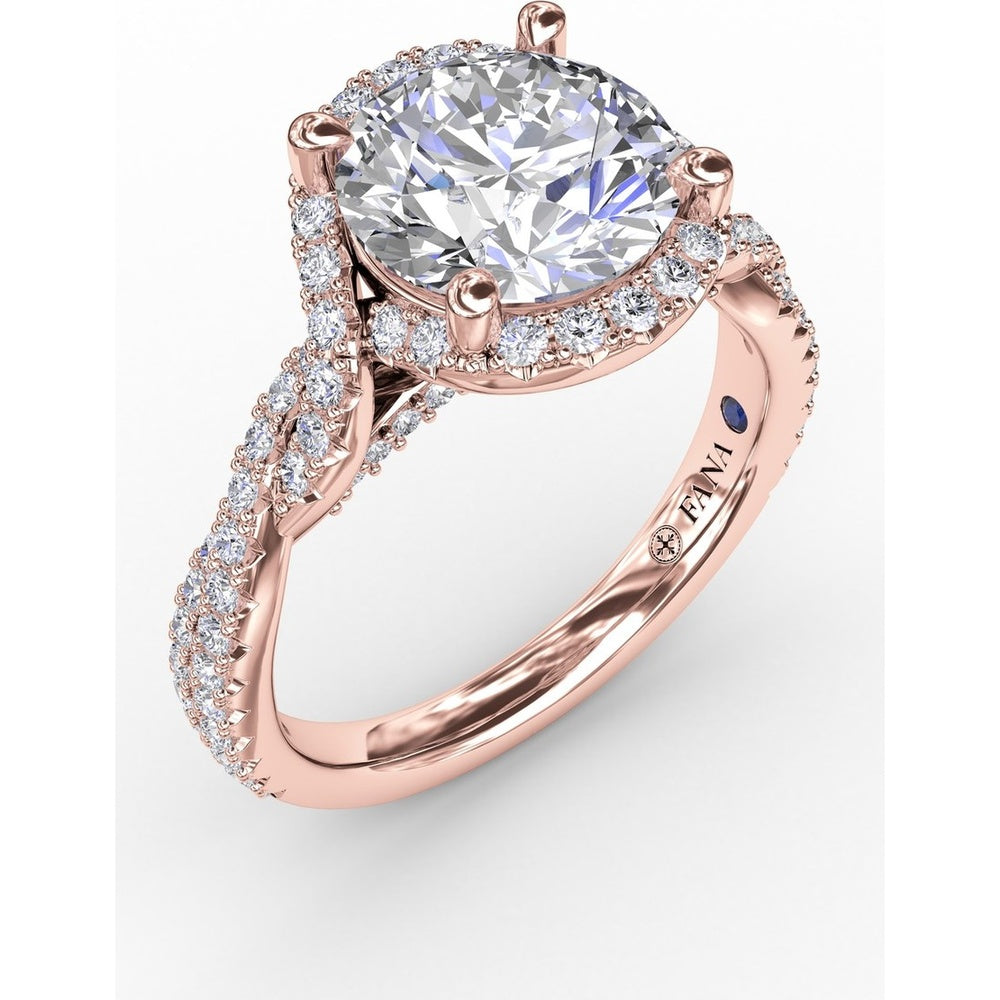 Contemporary Round Diamond Halo Engagement Ring Setting with Twisted Vine Shank and 0.65 Carat Pavé Diamond Total Weight by Fana