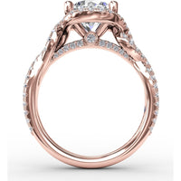 Contemporary Round Diamond Halo Engagement Ring Setting with Twisted Vine Shank and 0.65 Carat Pavé Diamond Total Weight by Fana