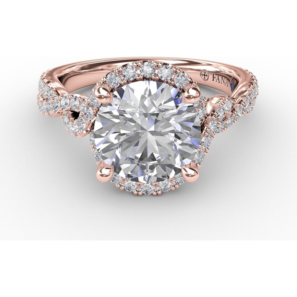 Contemporary Round Diamond Halo Engagement Ring Setting with Twisted Vine Shank and 0.65 Carat Pavé Diamond Total Weight by Fana
