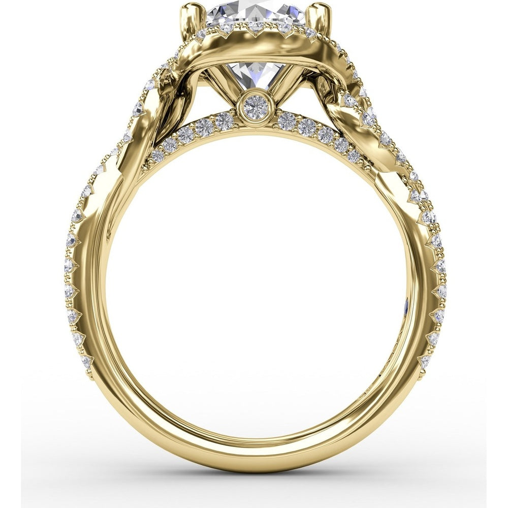 Contemporary Round Diamond Halo Engagement Ring Setting with Twisted Vine Shank and 0.65 Carat Pavé Diamond Total Weight by Fana