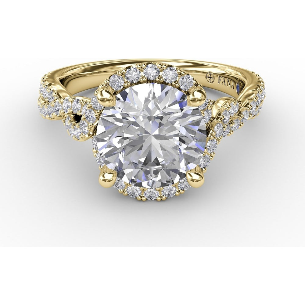 Contemporary Round Diamond Halo Engagement Ring Setting with Twisted Vine Shank and 0.65 Carat Pavé Diamond Total Weight by Fana