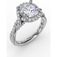 Contemporary Round Diamond Halo Engagement Ring Setting with Twisted Vine Shank and 0.65 Carat Pavé Diamond Total Weight by Fana