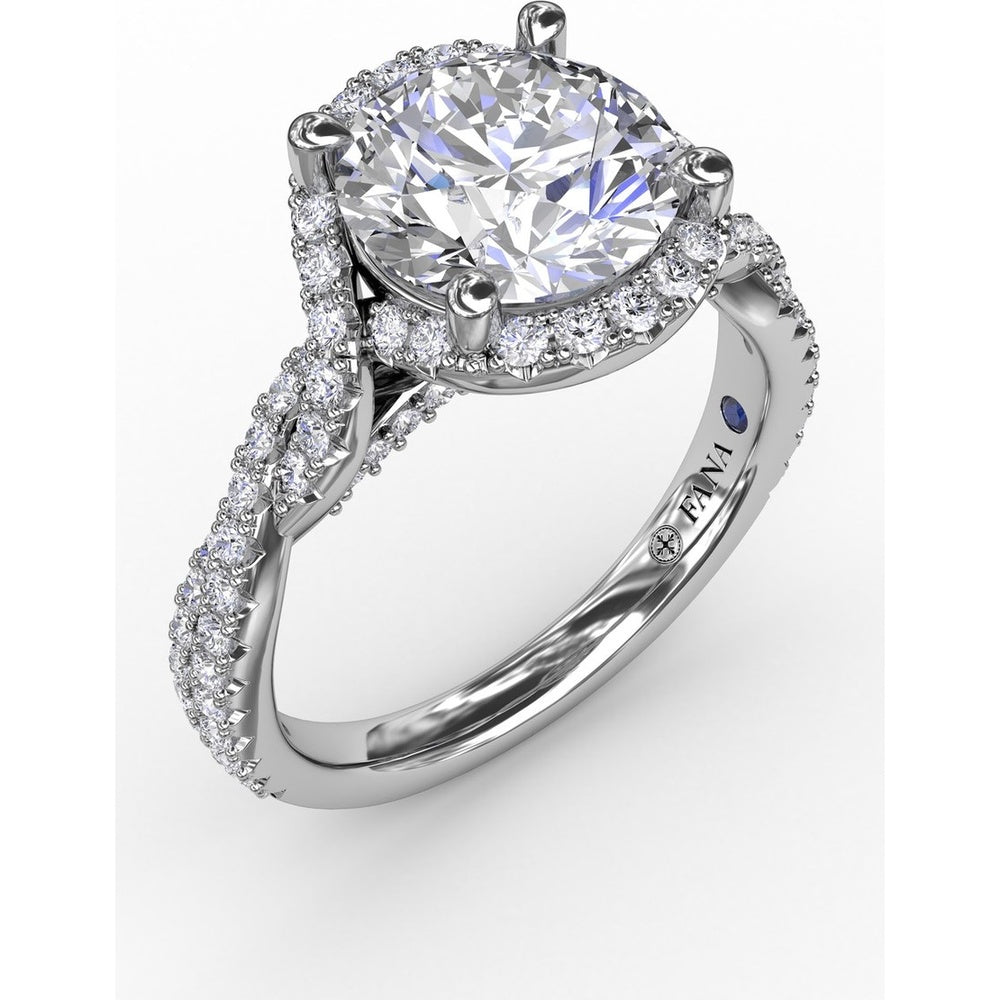 Contemporary Round Diamond Halo Engagement Ring Setting with Twisted Vine Shank and 0.65 Carat Pavé Diamond Total Weight by Fana