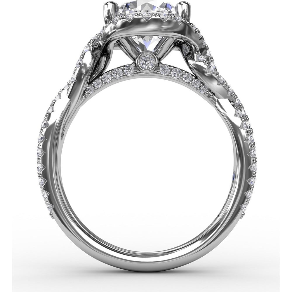 Contemporary Round Diamond Halo Engagement Ring Setting with Twisted Vine Shank and 0.65 Carat Pavé Diamond Total Weight by Fana