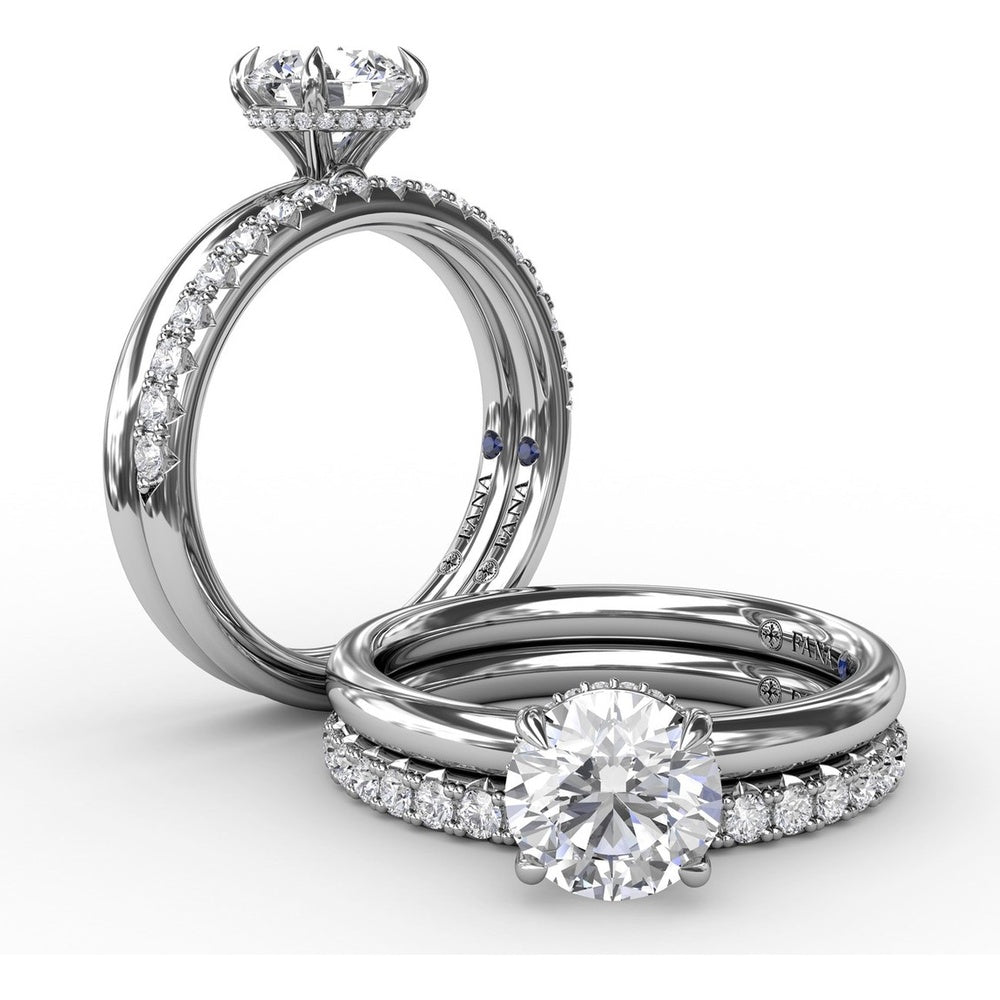 Contemporary Round Diamond Solitaire Engagement Ring Setting with Hidden Pavé Halo by Fana - 0.08 Carat Total Diamond Weight