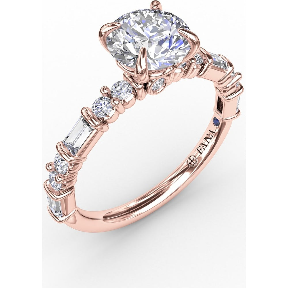 Contemporary Solitaire Engagement Ring Setting with Alternating Baguette and Round Diamond Accents and Chevron Hidden Halo by Fana - 0.51 Carat Total Diamond Weight