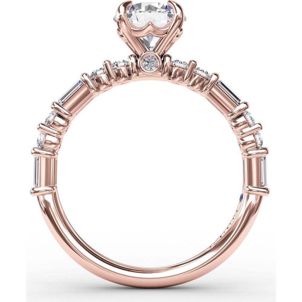 Contemporary Solitaire Engagement Ring Setting with Alternating Baguette and Round Diamond Accents and Chevron Hidden Halo by Fana - 0.51 Carat Total Diamond Weight