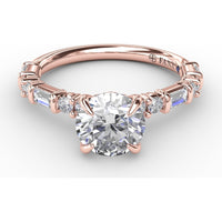Contemporary Solitaire Engagement Ring Setting with Alternating Baguette and Round Diamond Accents and Chevron Hidden Halo by Fana - 0.51 Carat Total Diamond Weight